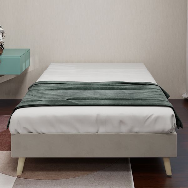 Bettgestell 90x200 cm in Beige – modernes minimalistisches Schlafzimmermöbel aus Stoff und Metall