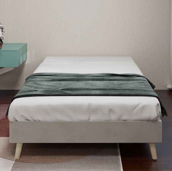Bettgestell 90x200 cm in Beige – modernes minimalistisches Schlafzimmermöbel aus Stoff und Metall