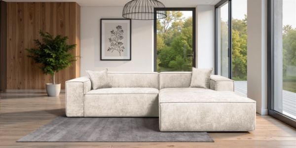 Ecksofa Designersofa CARLOTA in Stoff Perfect Harmony Creme Ottomane Rechts