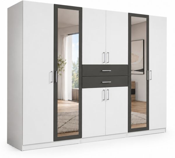 Drehtürenschrank Kleiderschrank 270cm Schubladen Spiegel Ausstattung Weiß,Grafit