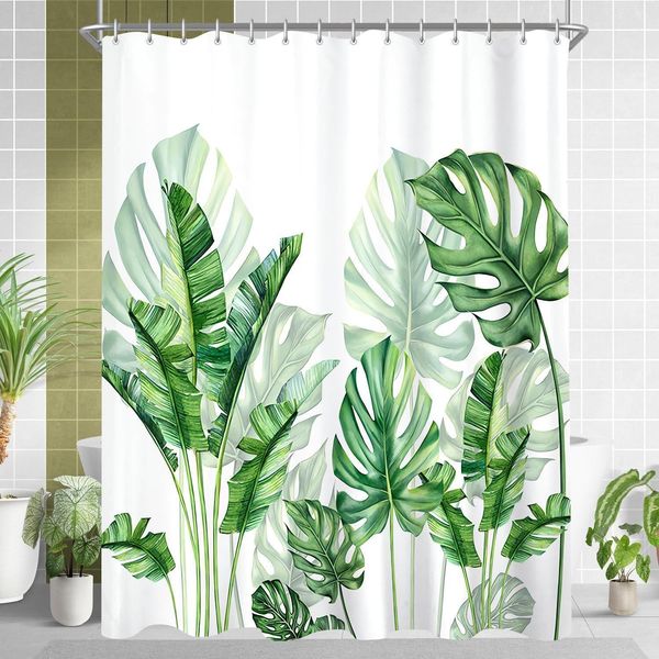 Duschvorhang 180x180cm Grün Blätter Wasserabweisend Textil Oesen 12 Ringe