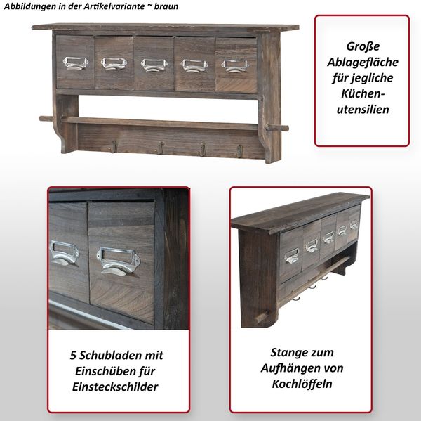 Küchenregal HWC-C49, Haushaltsregal Regal, Vintage mit 5 Schubladen 32x65x13cm ~ braun Bild 2