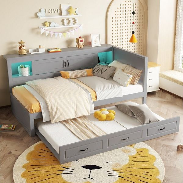 STILVORA Daybett Tagesbett 90×200cm Steckdose + USB Jugendbett Holzbett mit Ausziehbett (Schlafsofa,mit Fernbedienung, Ambientebeleuchtung, USB & Steckdose, Ausziehbares Bett mit Stauraum für Kinderzimmer), mit Matratze