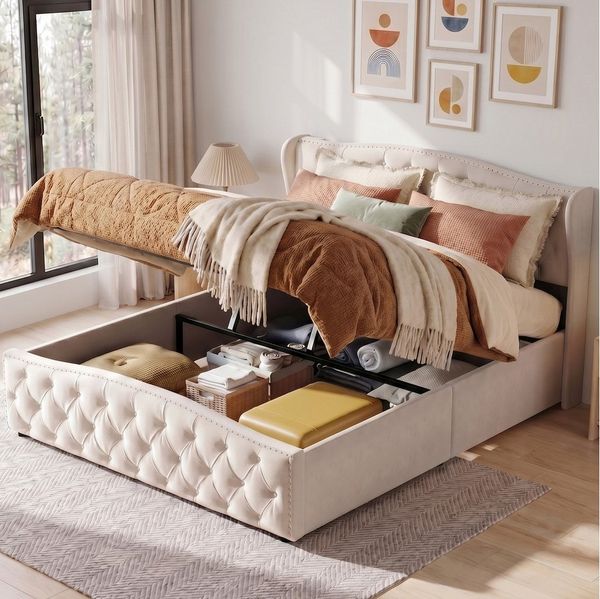 ADWOLT Polsterbett Doppelbett Stauraumbett mit Samtstoff-Bezug, Bett mit Bettkasten, 140x200 cm,wahlweise in 2 GröBen und 2 Farben,beige