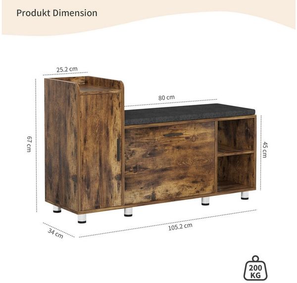FiveWillowise Schuhschrank mit Sitzfläche & Stauraum, 105×34×67 cm, 3 Klappen & 8 Metallfüßen Braun, Schuhbank mit Sitzfläche für Flur & Eingang