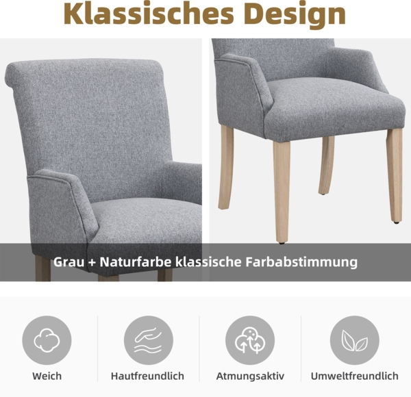 2er Set Leinenstuhl Grau mit Massivholzbeinen, Höhenverstellbar, Atmungsaktiv und Bequem, Polsterstuhl für Esszimmer Bild 4