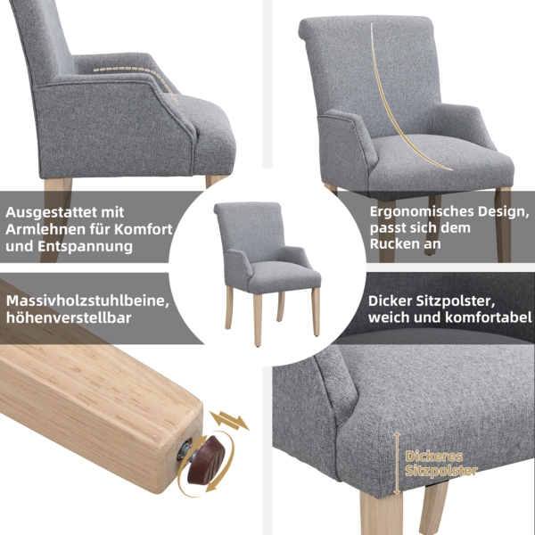 2er Set Leinenstuhl Grau mit Massivholzbeinen, Höhenverstellbar, Atmungsaktiv und Bequem, Polsterstuhl für Esszimmer Bild 3