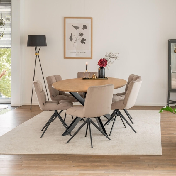 HOME DELUXE Essgruppe Oval inkl. Sternfuß - 200 x 120 cm Fishbone Oak 6 Stühle Hellbraun