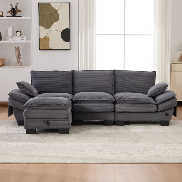 3-Sitzer Sofa 260 x 132 x 84 cm mit Hocker – modulares Cordsofa in Dunkelgrau mit USB-C und Seitentaschen