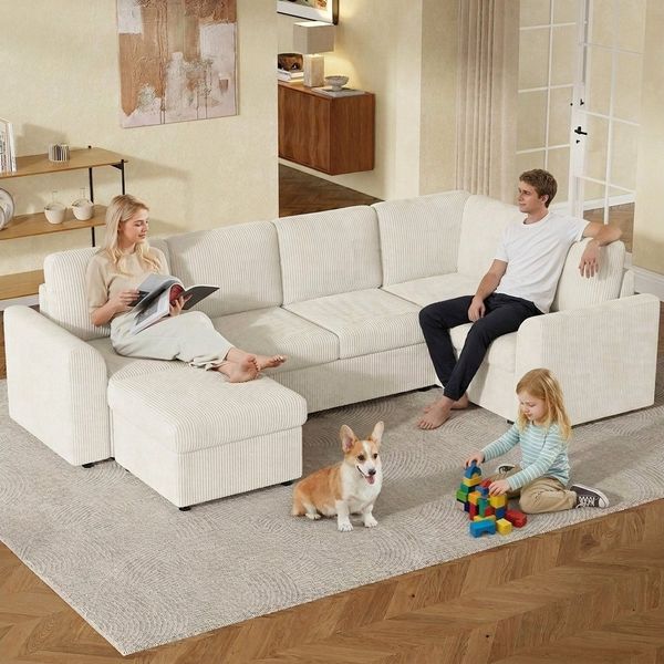 Flieks Ecksofa L-förmig inkl. beweglicher multifunktionaler Hocker mit Stauraum, Hocker mit umklappbaren Deckel als Couchtisch, L282/T153/H85 cm, 6-Sitzer Sofa mit Schlaffunktion Eckcouch Beige, Corduroystoff