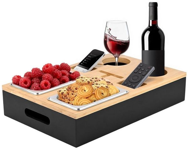 AIMAX Tabletttisch Couchbar Snackbox, Sofatablett für Snacks, Getränke & Fernbedienung, Mit 2 Snackschalen & 2 Getränkehaltern, Abnehmbarer Deckel für Sofa