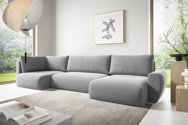 Wohnlandschaft Schlafsofa GALAN Stoff Poso Hellgrau Ottomane Rechts