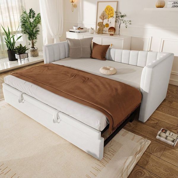 Merax Daybett 90x200cm/180x200cm mit Ausziehbett (1 tlg), Polsterbett Sofabett Samt Einzel-/Doppelbett, Samt