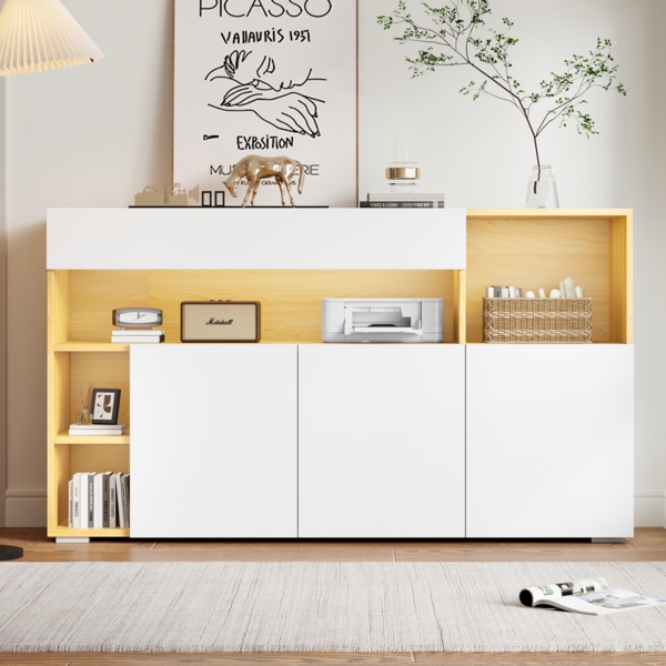 Merax LED Sideboard Breite 140cm, Multifunktionales Sideboard,Kommode, Highboard , Luxuriöses Sideboard für Wohnzimmer, Eckschrank für Flur, Schrank für Schlafzimmer, Weiß und Eiche