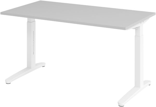 bümö manuell höhenverstellbarer Schreibtisch 140x80 in grau, Gestell in weiß - PC Tisch höhenverstellbar & klein, höhenverstellbarer Tisch Büro, kleiner Computertisch verstellbar, X14-5-WW