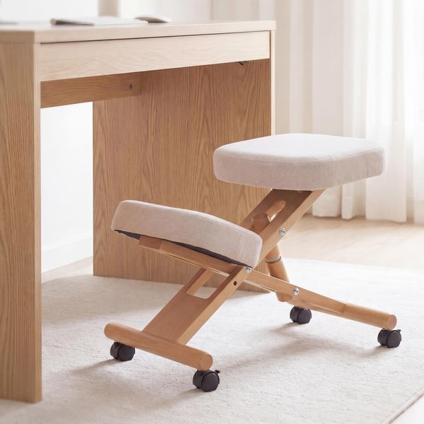 Kniestuhl HWC-Q46, Sitz-/Kniehocker höhenverstellbar Rollen Stoff/Textil (200g/m²) Holz ~ creme