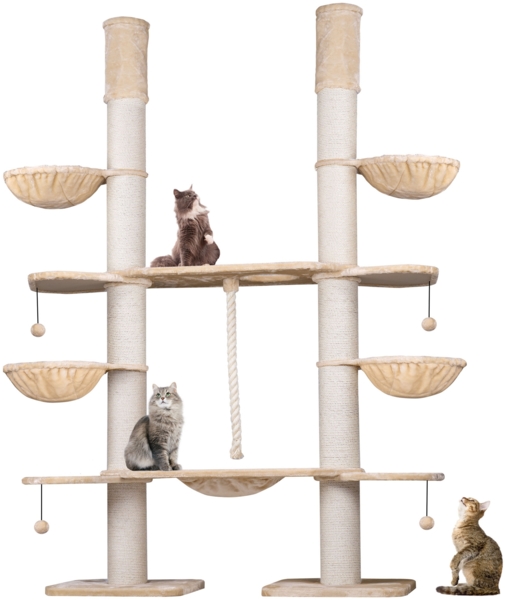 HAPPYPET XXL Kratzbaum-Landschaft für große Katzen - 2-in-1 Aktivitäts- und Sisal-Paradies mit Deckenspanner 280cm hoch | Premium Plüsch