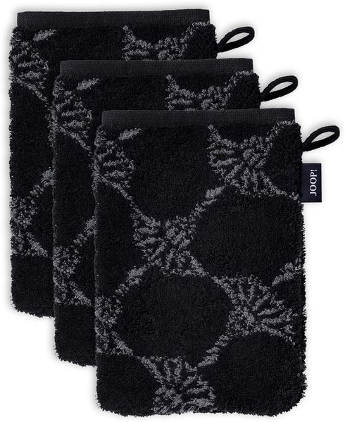 JOOP! Waschlappen, 3er Pack - Waschhandschuh, Doubleface, Walkfrottier Schwarz Cornflower 16x22cm