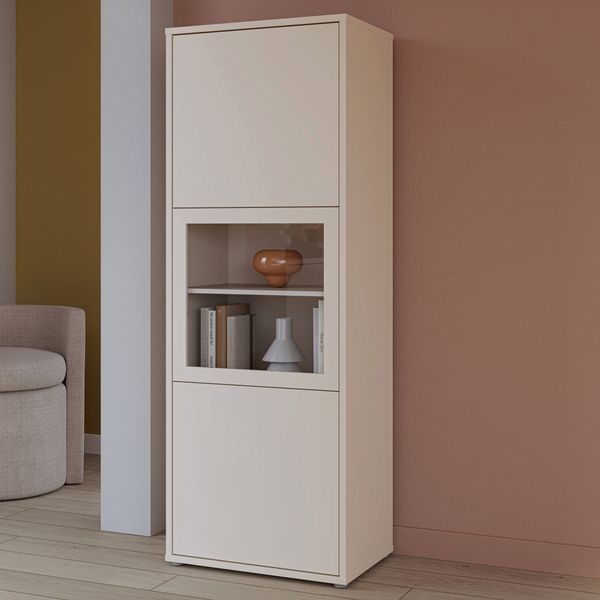 Forte ALICE SPRINGS Vitrine 60 70, moderne Wohnzimmervitrine mit 3 Türen, Glasdetail, Wohnzimmer, Holzwerkstoff, Kaschmir/Beige, 64,8 cm breit x 179,1 cm hoch x 44 cm tief