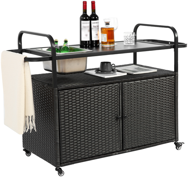 Flieks Servierwagen Outdoor mit Eisbehälter, PE-Rattan Barwagen mit Schrank & Stahlplatte, Garten Bar Tisch auf Rollen, mit Handtuchhalter, Schwarz