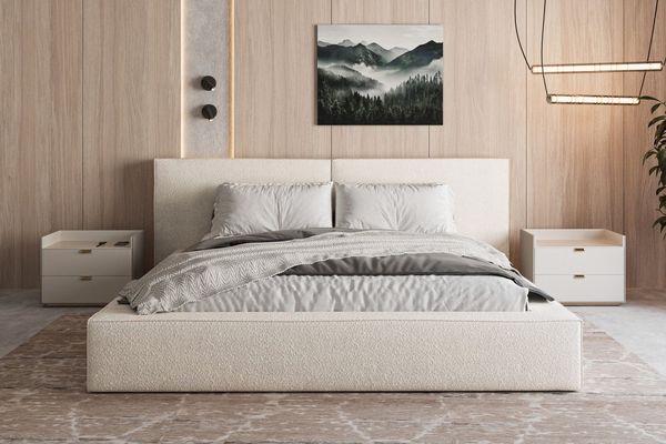 MOEBLO Polsterbett aus Bouclé Bett 06 (Bezug: Boucle, Doppelbett mit Kopfstütze, Rahmenbettgestell, mit Bettkasten und Lattenrost), gepolstertes Kopfteil