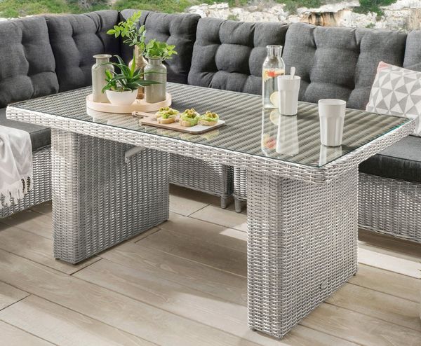 Destiny Garten-Essgruppe PALMA, (19-tlg, 2x Schenkel, 1x Eckmodul, 1x Singlemodul, 1x Tisch, inkl. Auflagen), Aluminium, Polyrattan