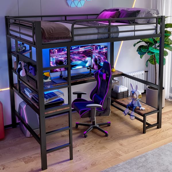 Hochbett aus Metall mit Schreibtisch, LED-Leiste, USB-Anschluss und Ablagen, 90x200 cm, Schwarz, ohne Matratze
