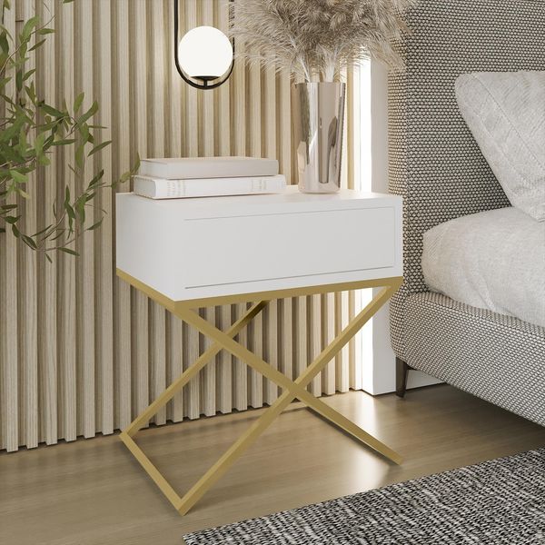 AX LIVING Nachttisch modern Aleio X 45 cm breit weiß, goldenes Gestell