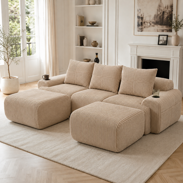 Modulares 3-Sitzer Cordsofa m. 2 Hockern, Getränkehalter, Tasche, Khaki