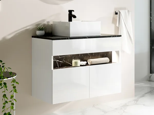 Vente-unique - POGEZA Waschbeckenmöbel Holz, Platte SchwarzWeiß - B 46 cm x H 60 cm x L 80 cm