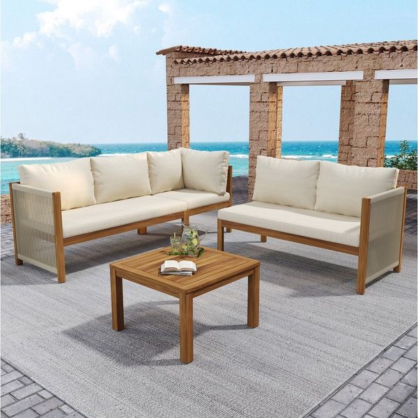 Merax Gartenlounge-Set aus Akazienholz und geflochtenen Seilen, (4-tlg, Sitzgruppe Gartengarnitur Balkonmöbel), 5-Sitzer Gartenmöbel-Set mit 2 2-Sitzer-Sofa, Ecksofa & Couchtisch