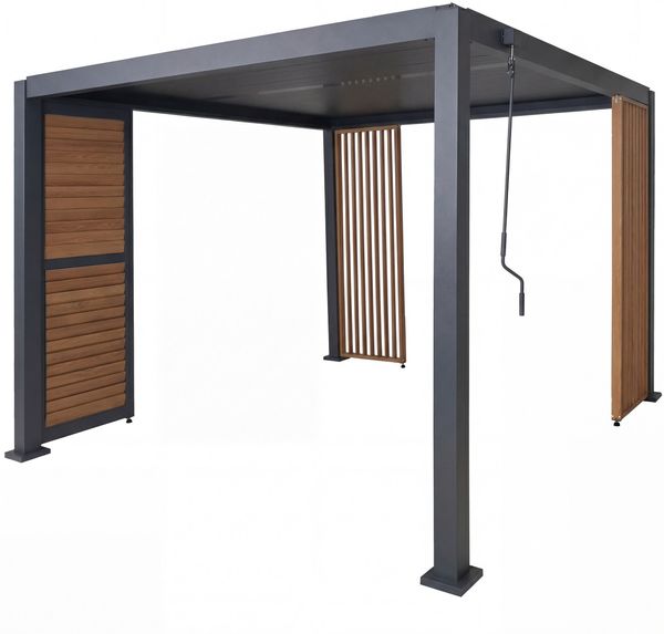 Pergola HWC-P65 mit 1x Lamellenwand und 2x Seitenwand, Lamellen-Pavillon, 10cm-Alu-Gestell 3x3m Holzoptik ~ anthrazit Bild 9