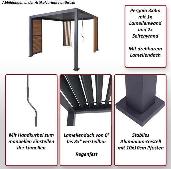Pergola HWC-P65 mit 1x Lamellenwand und 2x Seitenwand, Lamellen-Pavillon, 10cm-Alu-Gestell 3x3m Holzoptik ~ anthrazit Bild 2