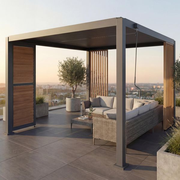 Pergola HWC-P65 mit 1x Lamellenwand und 2x Seitenwand, Lamellen-Pavillon, 10cm-Alu-Gestell 3x3m Holzoptik ~ anthrazit