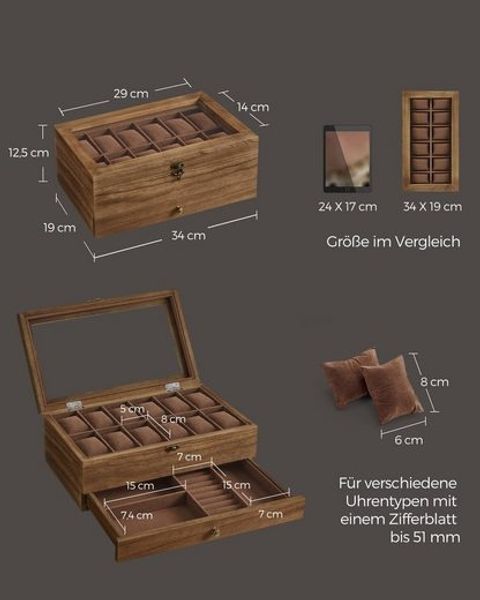 Songmics Uhrenbox mit 12 Fächern, mit Glasdeckel, Massivholz Braun, 19 x 34 x 12,5 cm Bild 5