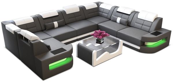 Sofa Dreams Wohnlandschaft Leder Ledercouch Sofa Como U Form Ledersofa, Couch, mit LED, wahlweise mit Bettfunktion als Schlafsofa, Designersofa