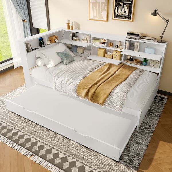 Daybett aus Massivholz mit Stauraum & Ausziehbett, 90x200 cm, Weiß, ohne Matratze