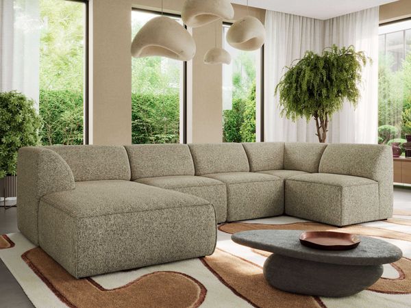 Modulares XXL-Ecksofa MODARO 5M, U-Form, Wohnlandschaft, 5-teilig, freistehend, Wohnzimmer Couch, HR-Schaumstoff - Taupe Stukture - Links