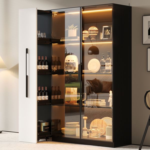 Flieks LED Vitrinenschrank 110.5×35×160 cm, Multifunktionsschrank mit Glasvitrine, Bücherregal & Aufbewahrungsschrank, Rollschrank schwarz & weiß