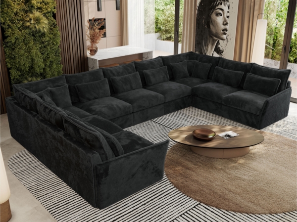 XXL U-förmige Ecksofa, modulares Ecksofa mit losen Kissen, Wohnlandschaft, universelles Ecksofa für das Wohnzimmer - VERSO U 9M - Dunkelgrau Plüschstoff