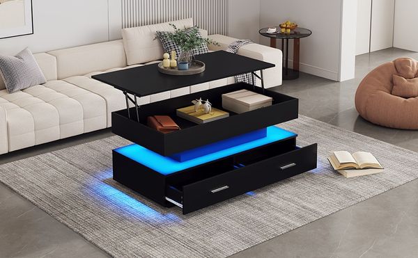 MODFU Couchtisch Wohnzimmertisch (Beistelltisch, Sofatisch, 1-St, 2 Schubladen und offenem Stauraum), hydraulisch Kaffetisch mit LED-Beleuchtung, Bluetooth-APP-Steuerung