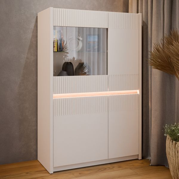 Forte OAK SQUERE Vitrine 90 100, elegante Wohnzimmervitrine mit 4 Türen und Beleuchtung, Holzwerkstoff, Mauvella Eiche Holzdekor / Sand, 95,3 cm breit x 146,7 cm hoch x 41,5 cm tief