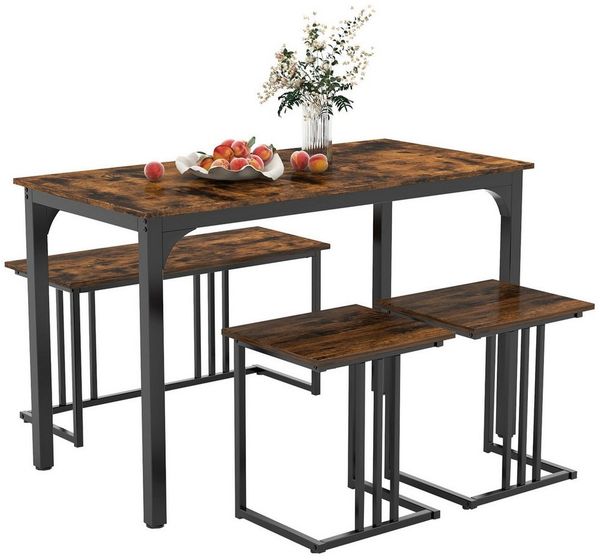 COSTWAY Essgruppe, (4-tlg), 4-tlg, Sitzgruppe mit Bank & 2 Hockern 120x60x75cm