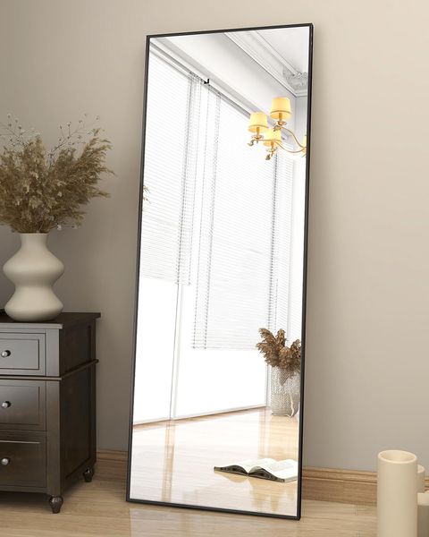 Koonmi 163x53 cm Standspiegel, robust Ganzkörperspiegel mit minimalistische schmaler Aluminiumrahmen, modern großer Wandspiegel stehend oder hängend für Wohnzimmer und Schlafzimmer, Schwarz