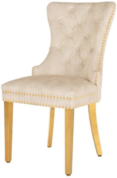 riess-ambiente Esszimmerstuhl CASTLE DELUXE beige/gold - Samt, Edelstahl, Löwenkopf-Griff (Einzelartikel, 1 St), glamouröser Stuhl mit Nieten - ideal für Deinen Barock-Look
