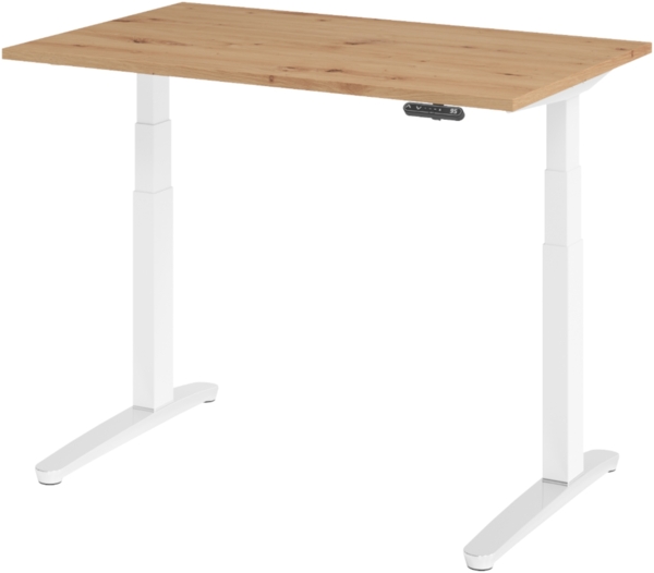 bümö elektrisch höhenverstellbarer Schreibtisch 120x80 cm mit Memory-Steuerung - Design Schreibtisch höhenverstellbar elektrisch, elektrischer Schreibtisch Asteiche, Gestell weiß/alu, XBHM-12-R-WC