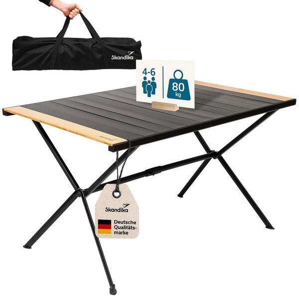 Skandika Campingtisch Tivaro, Alu Campingtisch mit Holz, für 4 Personen, klappbar, leicht (80 kg Traglast, 120 x 80 x 70 cm, wetterfest, pflegeleicht, Gewicht 6,9 kg), einrollbare Tischplatte, Höhenverstellbare Füße, Tragetasche