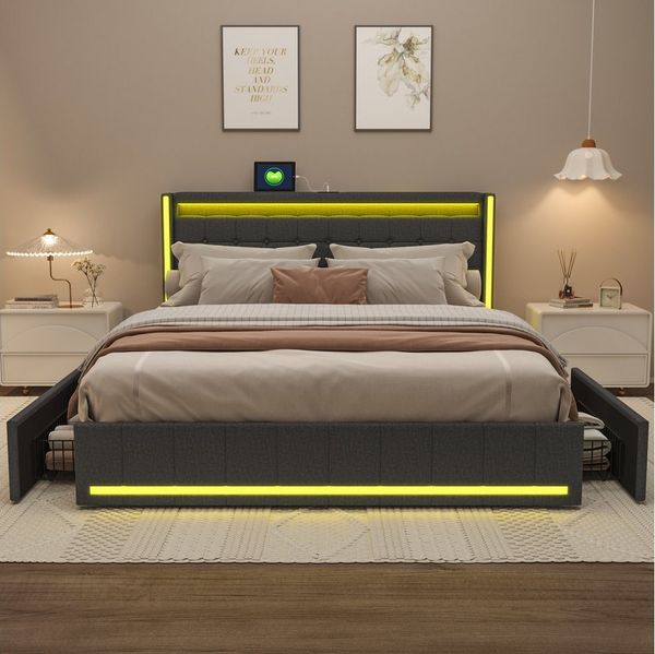 PXloue Polsterbett LED Doppelbett 140x200 cm (Inklusive USB-Typ-C-Ladeanschluss), Stauraumbett,mit Bettrahmen und 4 Schubladen,Leinen,180x200 cm