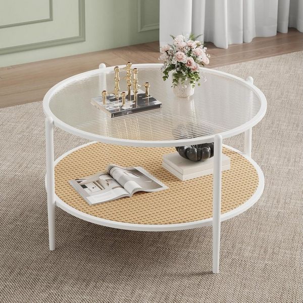 GarveeMore Beistelltisch Runder 2-stöckiger aus Rattan,Boho-Couchtisch für Wohnzimmer und Büro, runder Beistelltisch mit Glasplatte in Wellenform und Metallgestell