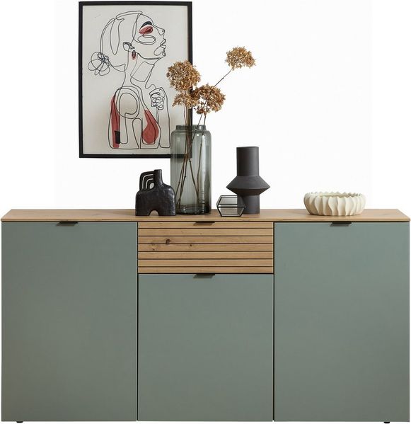 INA Sideboard in Schilfgrün, Artisan Eiche Optik FSC-Zertifiziert - Moderne Kommode mit Schublade und viel Stauraum - 180 x 90 x 45 cm (B/H/T)